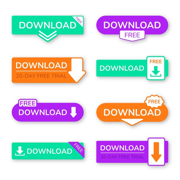 Colección de etiquetas de botones de descarga dibujados a mano