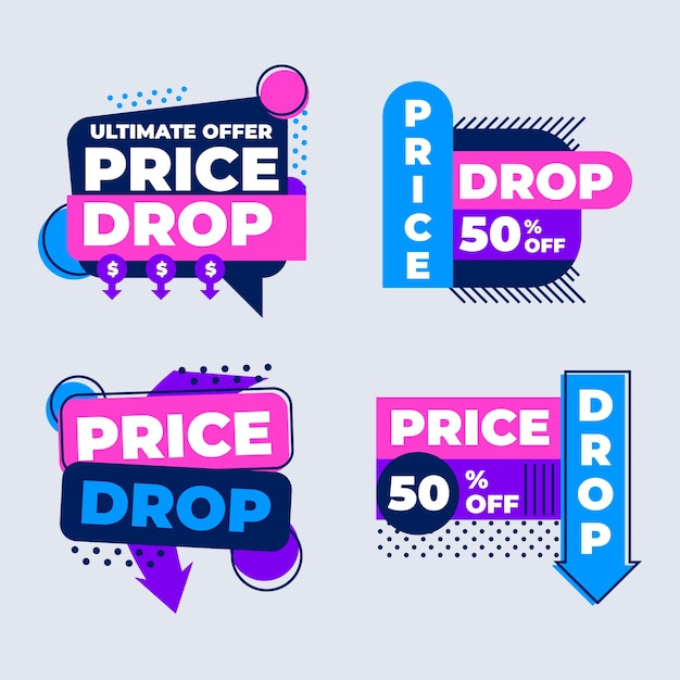Colección de etiquetas de caída de precio de diseño plano