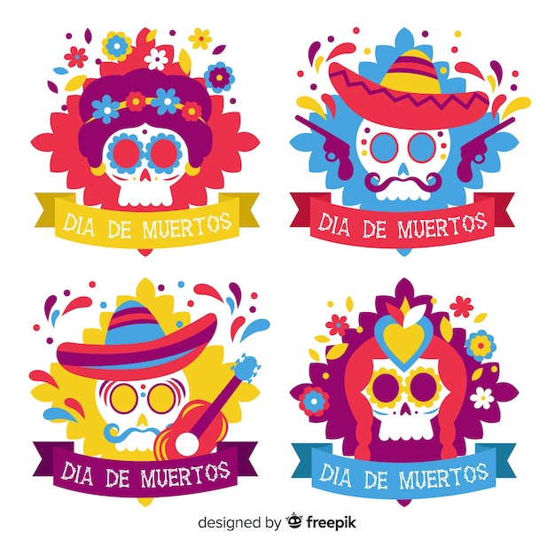 Colección de etiquetas de calaveras coloridas festivas