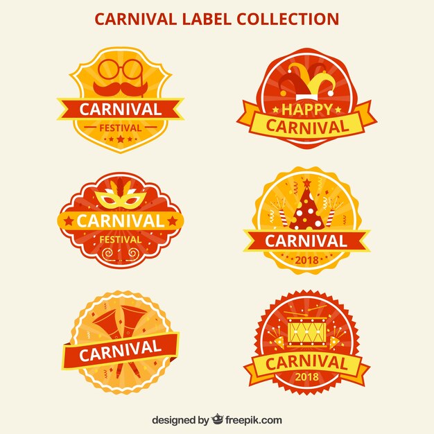 Colección de etiquetas de carnaval amarillos y rojos
