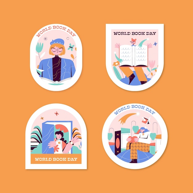 Colección de etiquetas para la celebración del día mundial del libro.