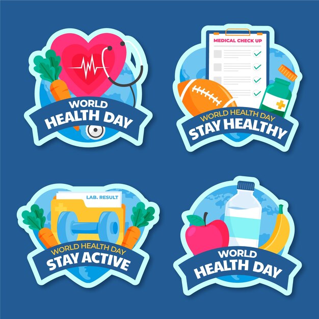 Colección de etiquetas para la celebración del día mundial de la salud.