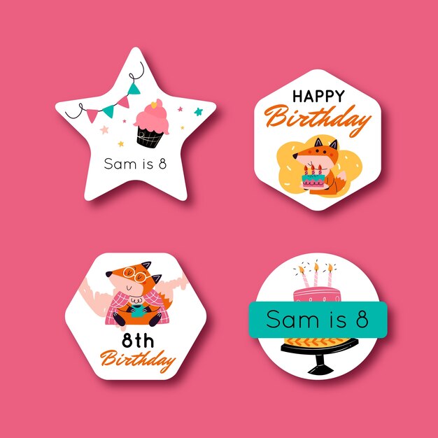 Colección de etiquetas para la celebración de fiestas de cumpleaños.