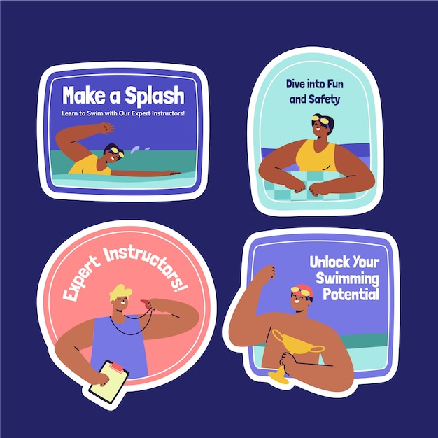 Vector gratuito colección de etiquetas para clases de natación y aprendizaje.