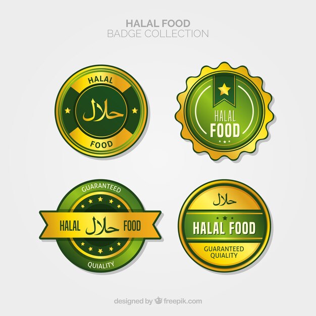 Colección de etiquetas de comida halal con estilo dorado