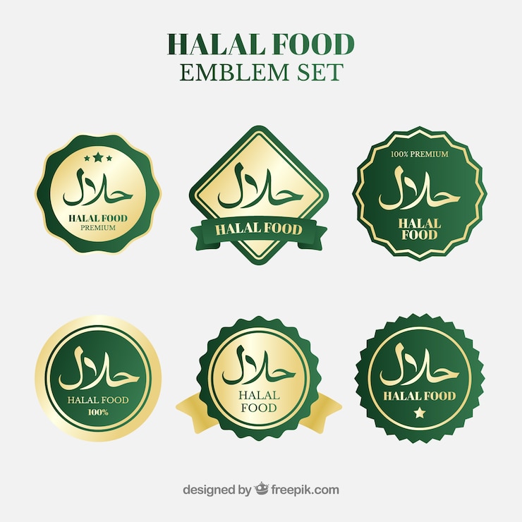 Vector gratuito colección de etiquetas de comida halal con estilo dorado