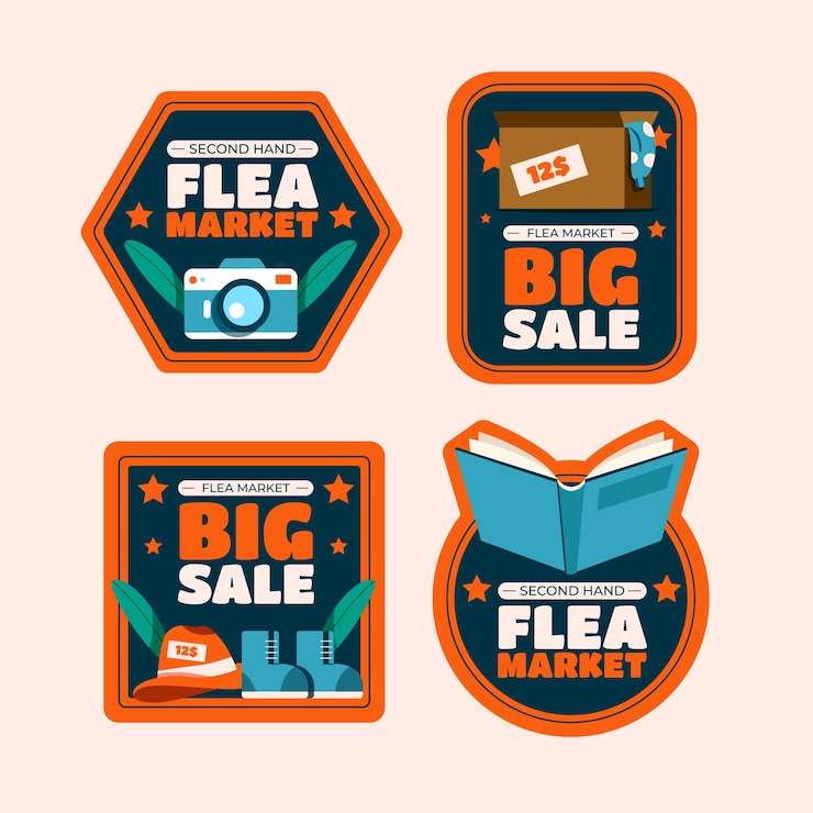 Vector gratuito colección de etiquetas de compras de mercado de pulgas planas