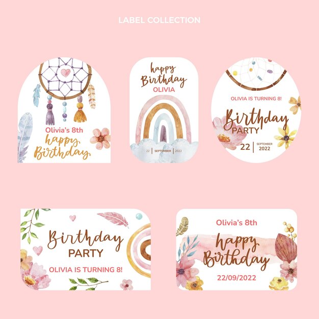 Colección de etiquetas de cumpleaños de acuarela boho