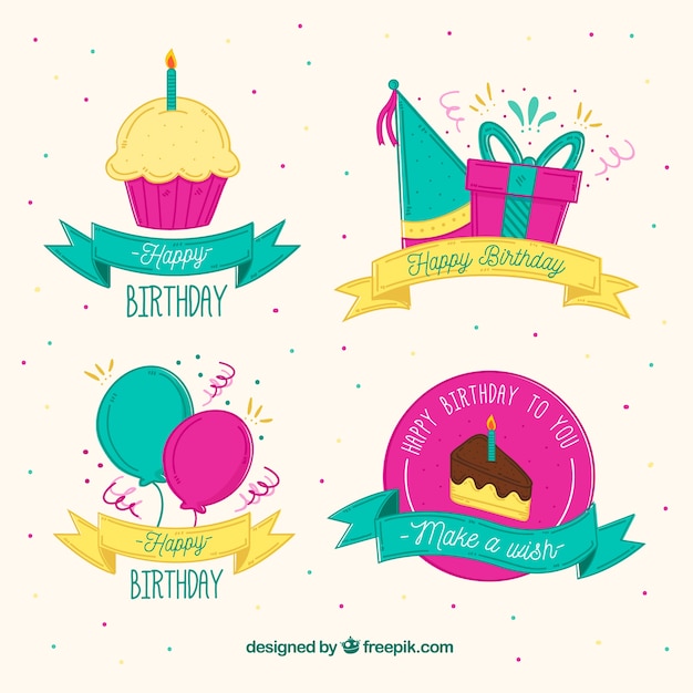 Vector gratuito colección etiquetas de cumpleaños con cinta de estilo a mano