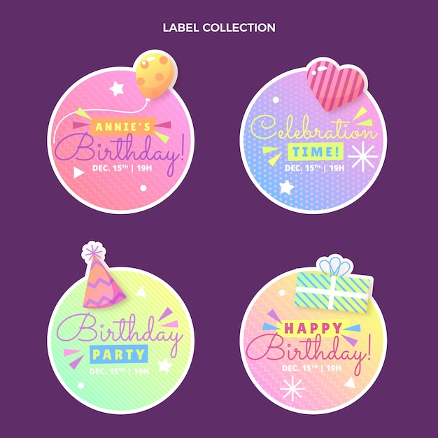 Colección de etiquetas de cumpleaños de colores degradados