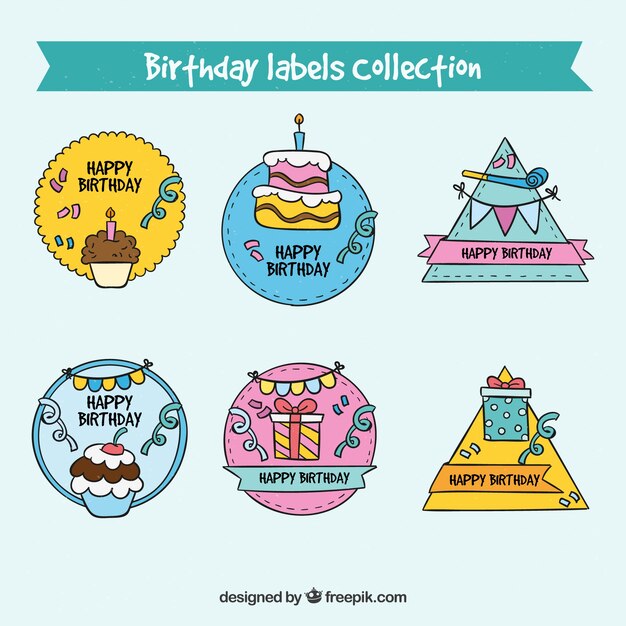 Colección de etiquetas de cumpleaños dibujadas a mano