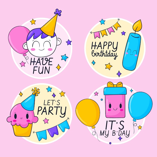 Colección de etiquetas de cumpleaños dibujadas a mano