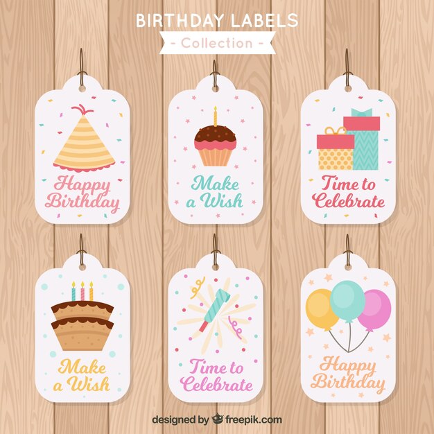 Colección de etiquetas de cumpleaños con diseño plano