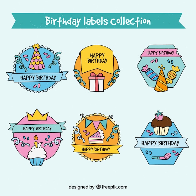 Colección de etiquetas de cumpleaños con estilo de dibujo animado