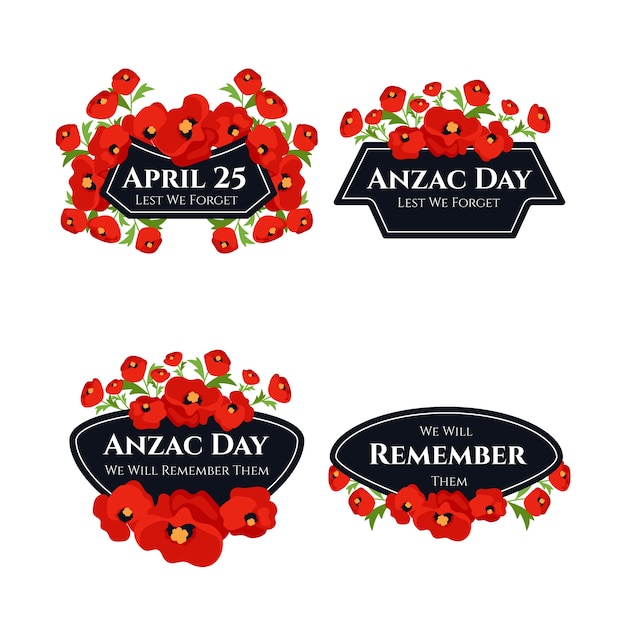 Vector gratuito colección de etiquetas del día de anzac dibujadas a mano