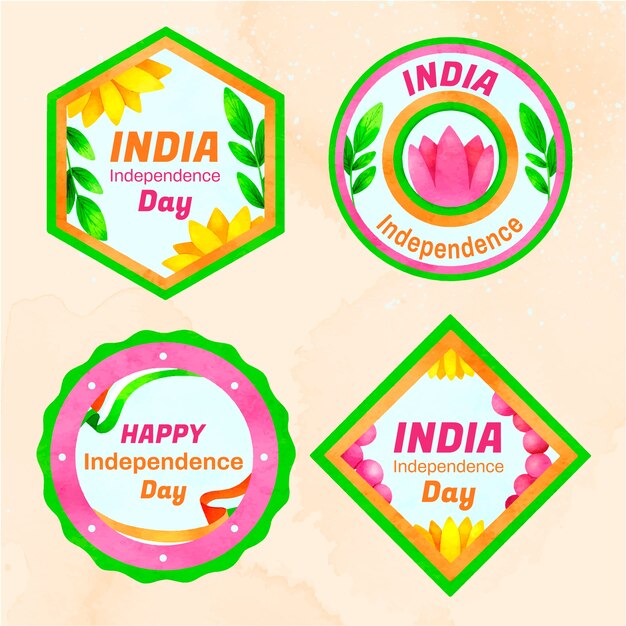 Vector gratuito colección de etiquetas del día de la independencia de la india en acuarela