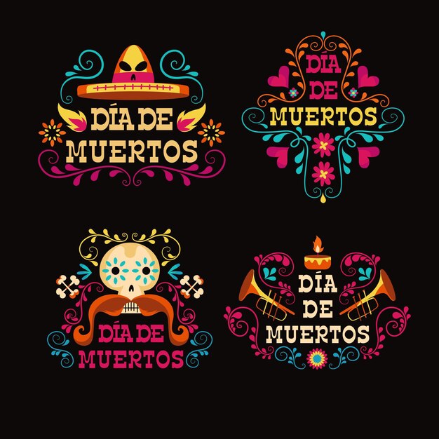 Colección de etiquetas dia de muertos en diseño plano