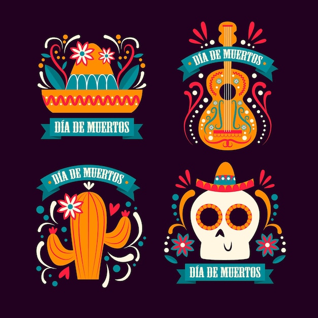 Vector gratuito colección de etiquetas dia de muertos en diseño plano