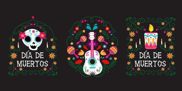 Vector gratuito colección de etiquetas dia de muertos en diseño plano