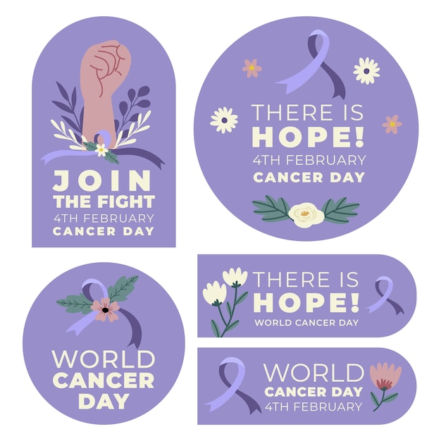 Vector gratuito colección de etiquetas del día mundial del cáncer dibujadas a mano