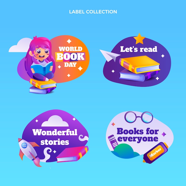 Vector gratuito colección de etiquetas del día mundial del libro degradado