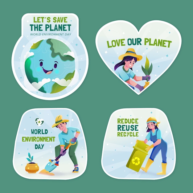 Vector gratuito colección de etiquetas del día mundial del medio ambiente degradado