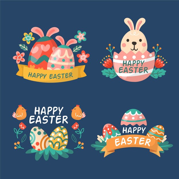 Colección de etiquetas del día de pascua dibujadas a mano