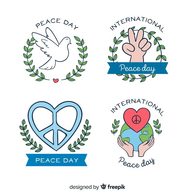 Colección de etiquetas de día de paz dibujadas a mano