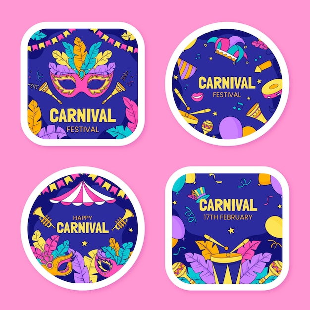 Colección de etiquetas dibujadas a mano para el carnaval