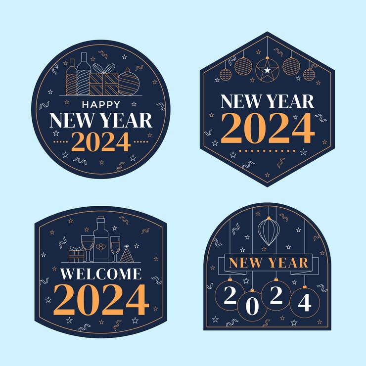 Vector gratuito colección de etiquetas dibujadas a mano para la celebración del año nuevo 2024.