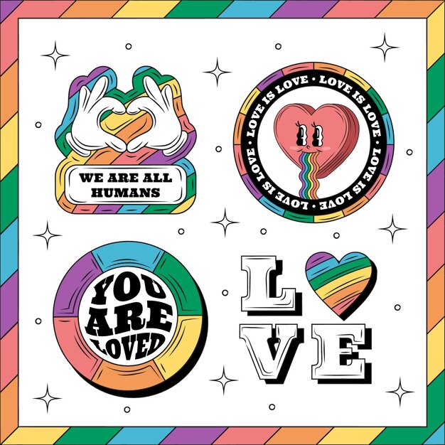 Colección de etiquetas dibujadas a mano para la celebración del mes del orgullo
