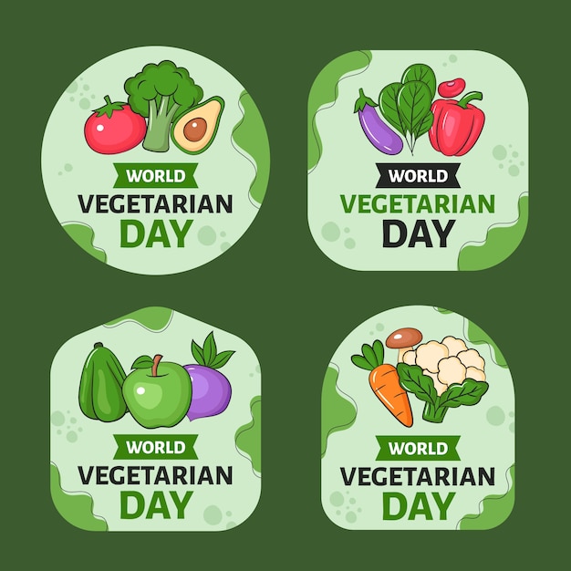 Vector gratuito colección de etiquetas dibujadas a mano para el evento del día mundial del vegetariano