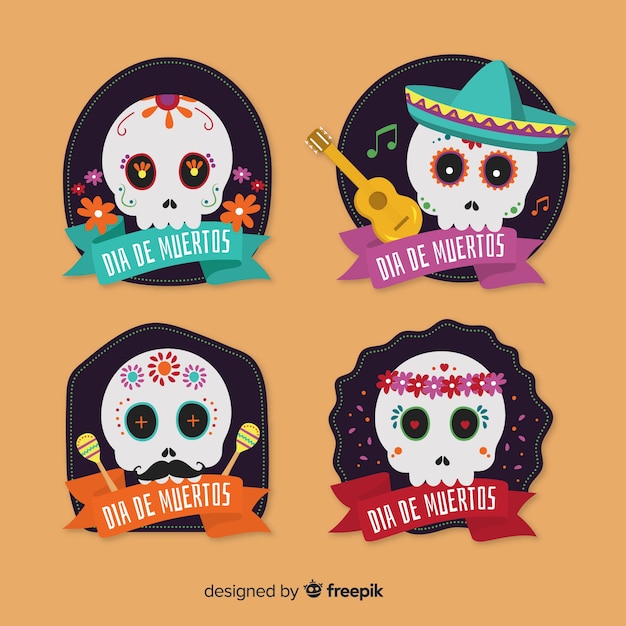 Colección de etiquetas de diseño plano dia de muertos