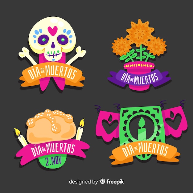 Vector gratuito colección de etiquetas de diseño plano dia de muertos