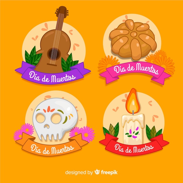 Vector gratuito colección de etiquetas de diseño plano dia de muertos