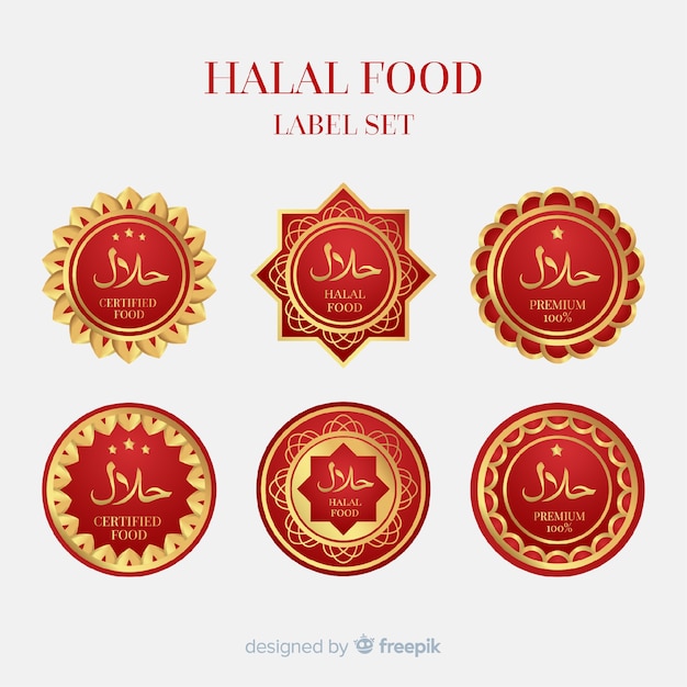 Colección de etiquetas doradas de comida halal con diseño plano