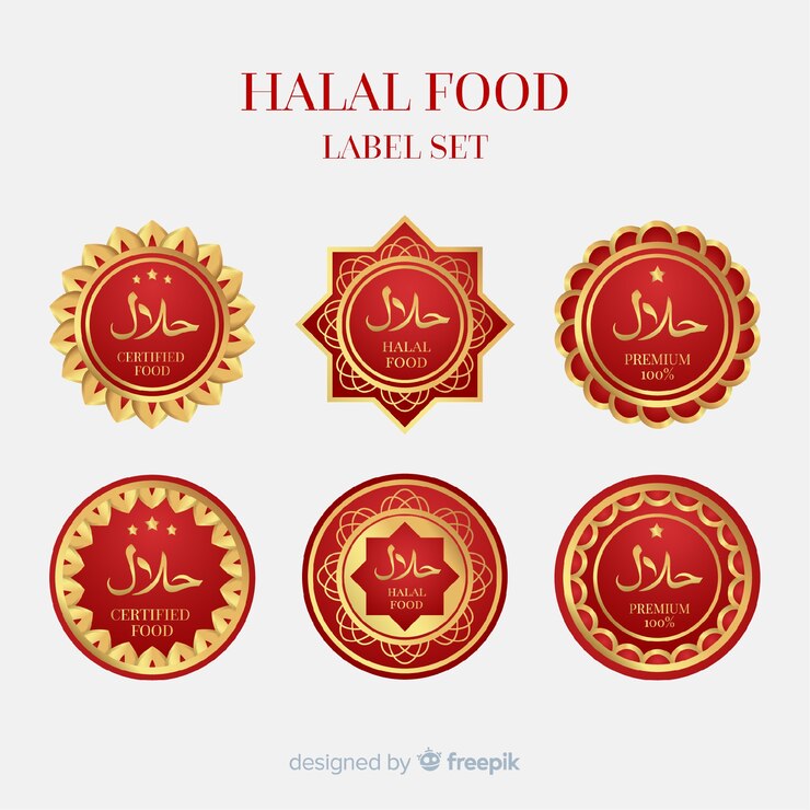 Vector gratuito colección de etiquetas doradas de comida halal con diseño plano