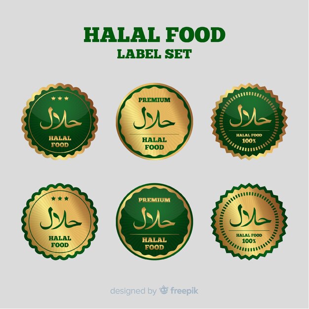 Colección de etiquetas doradas de comida halal con diseño plano