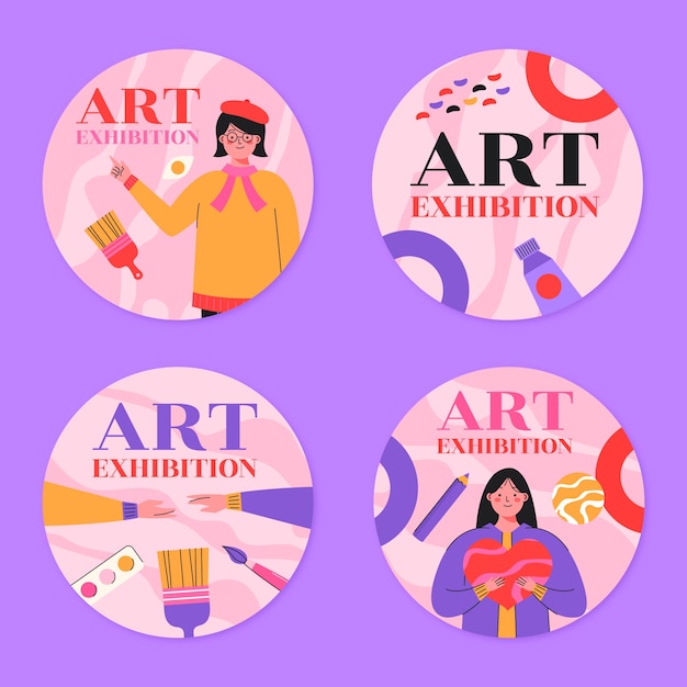 Vector gratuito colección de etiquetas de eventos de exhibición de arte plano