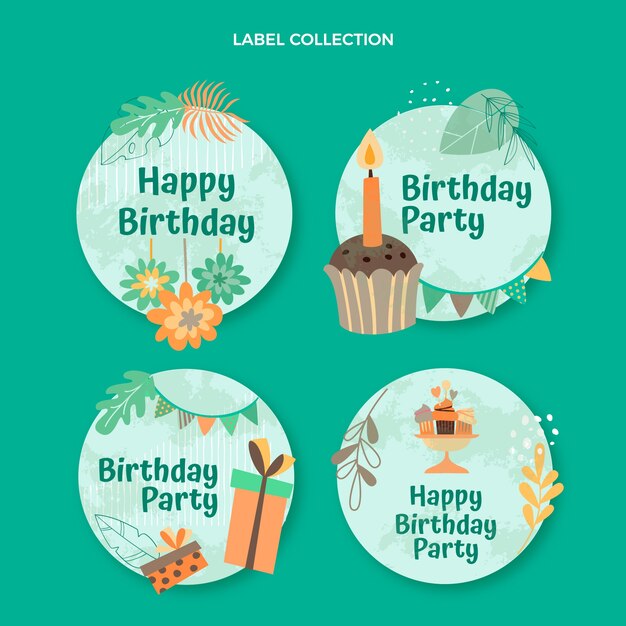 Colección etiquetas fiesta cumpleaños selva dibujadas a mano