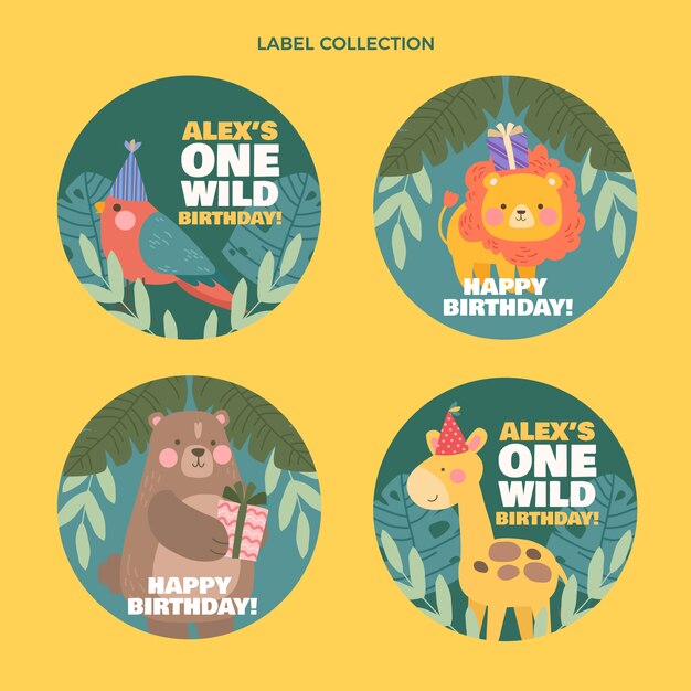 Colección etiquetas fiesta cumpleaños selva dibujadas a mano