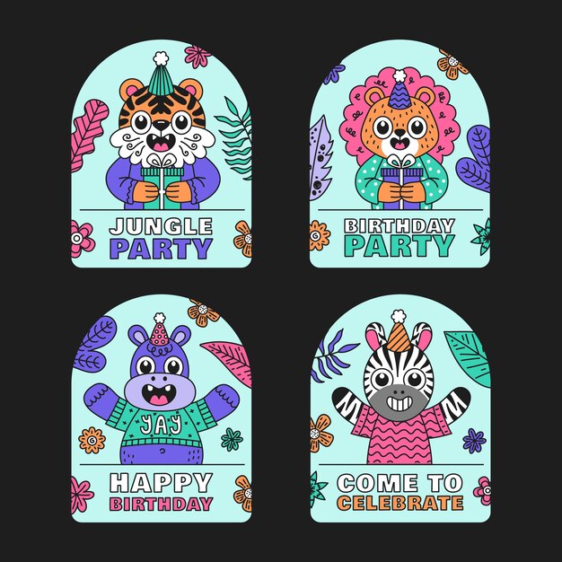 Colección de etiquetas de fiesta de cumpleaños de la selva de dibujos animados dibujados a mano