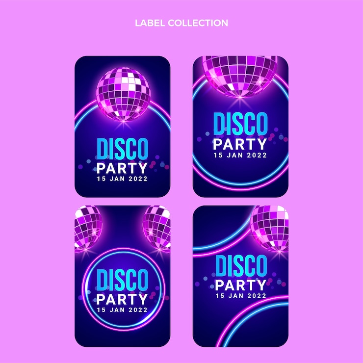 Vector gratuito colección de etiquetas de fiesta discoteca de neón realista