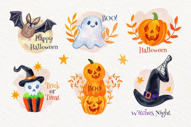 Vector gratuito colección de etiquetas de halloween en acuarela