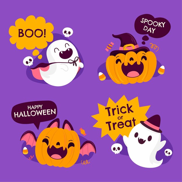 Colección de etiquetas de halloween planas dibujadas a mano