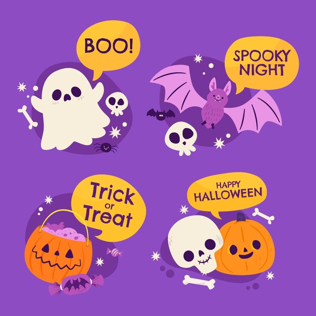 Colección de etiquetas de halloween planas dibujadas a mano