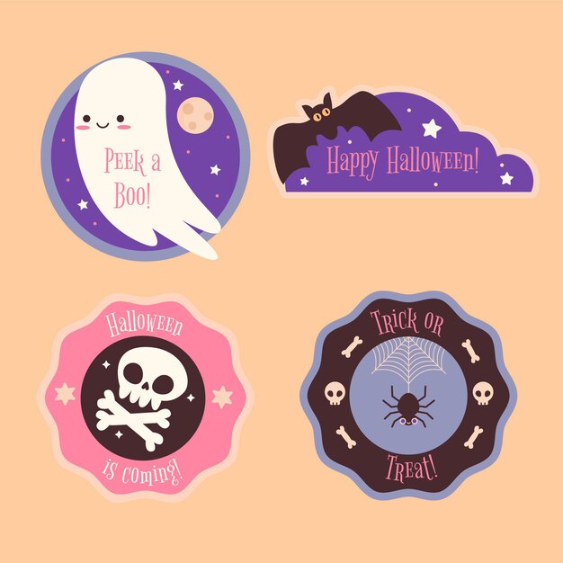 Colección de etiquetas de halloween planas dibujadas a mano