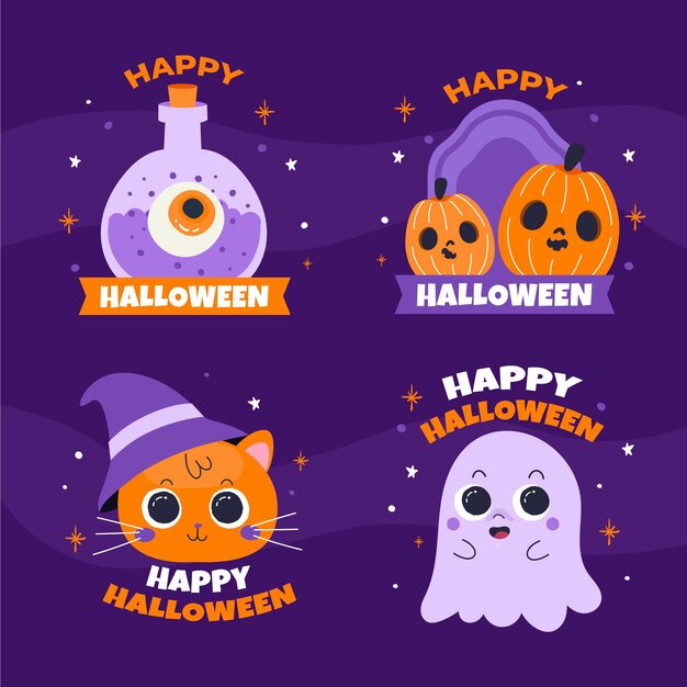 Colección de etiquetas de halloween planas dibujadas a mano