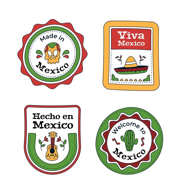 Colección de etiquetas hecho en mexico dibujadas a mano