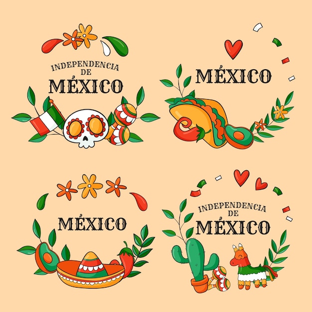 Vector gratuito colección etiquetas independencia de méxico dibujadas a mano